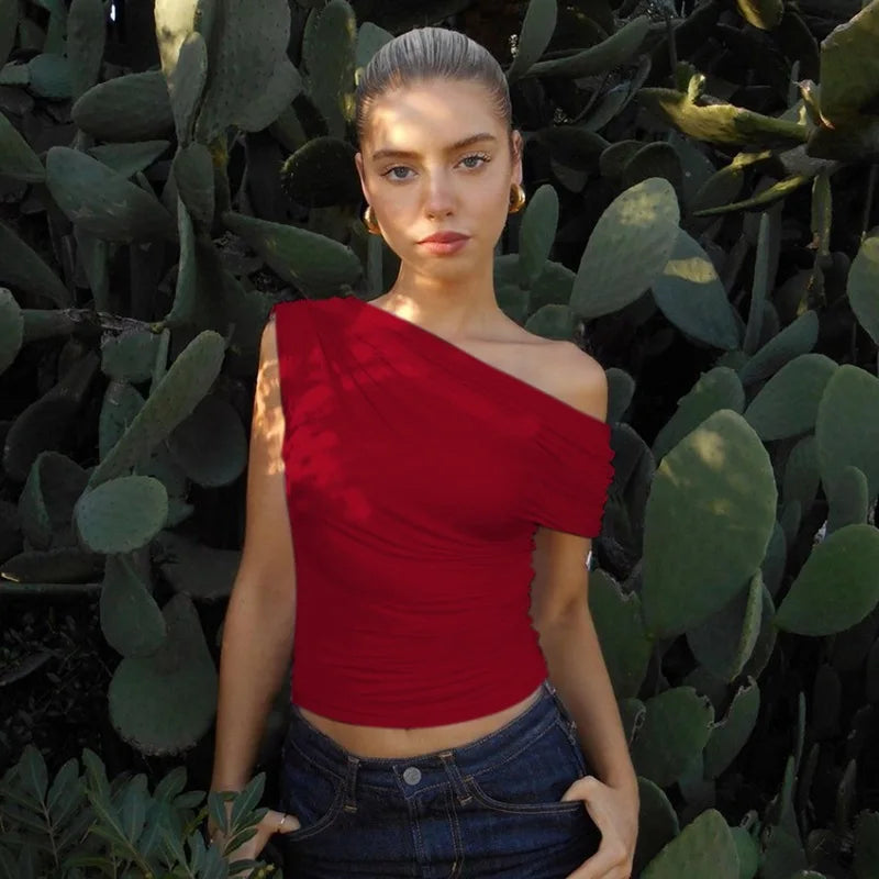 Women's Ruched Asymmetrical Tops Casual Outfits Solid Cropped Top Basic Summer T-shirt