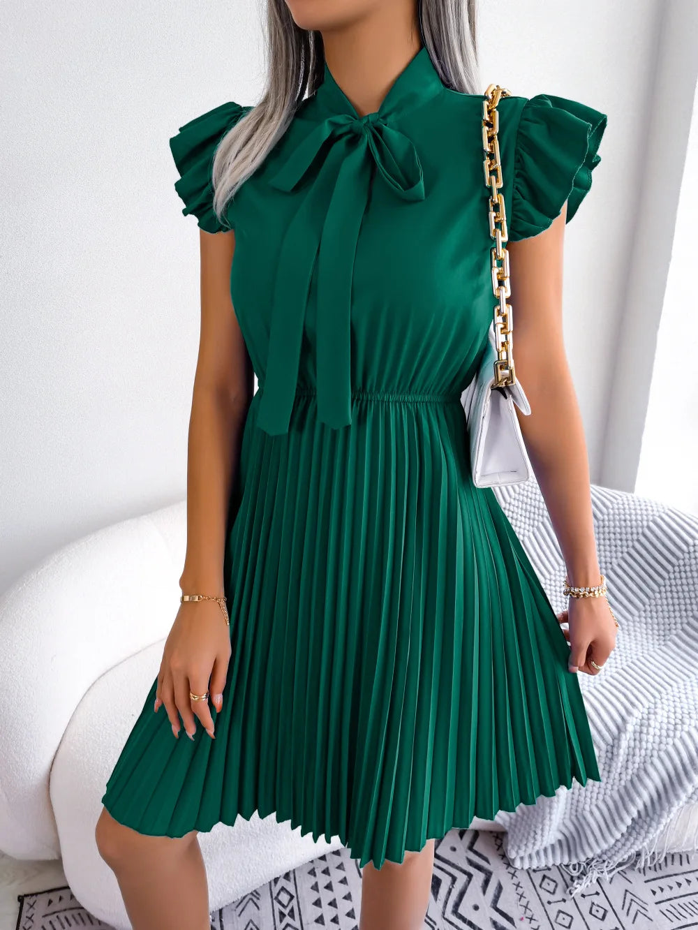 Women's Spring Summer Elegant Lace Up High Waist Large Fold Bow Collar Pleated Dress
