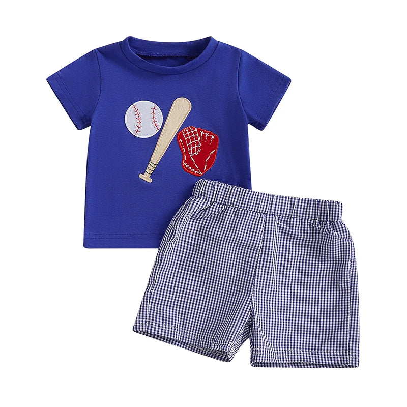 Baby Boys Baseball Outfit Set - Embroidery T-Shirt with Plaid Shorts