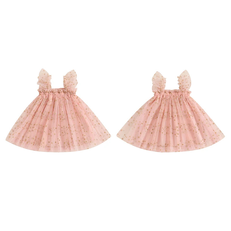 0-4YBaby Girls Summer Dress Glitter Star/Flower Print Fly Sleeve Square Neck Mesh Tulle Summer Dressress