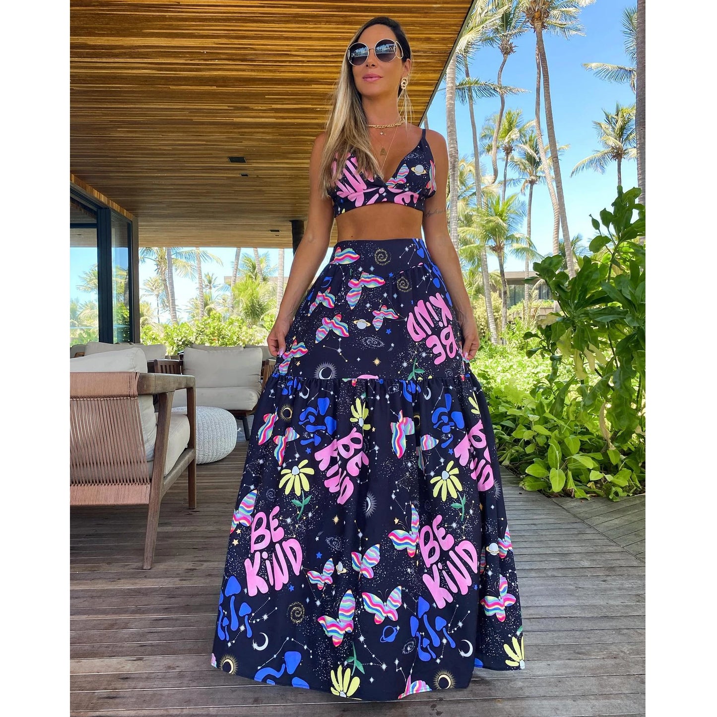 Women's Print Beach Two Piece Skirt White Bra High Waist A-line Long Skirt Beach Set