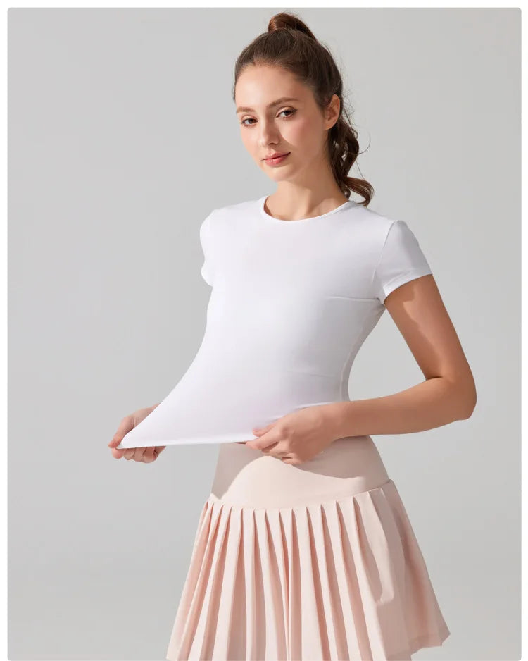 Women's Summer Short Sleeve Yoga T-Shirt Solid Color Slim Fit Gym Running Top Round Neckline Breathable Quick Dry Fitness Sportswear