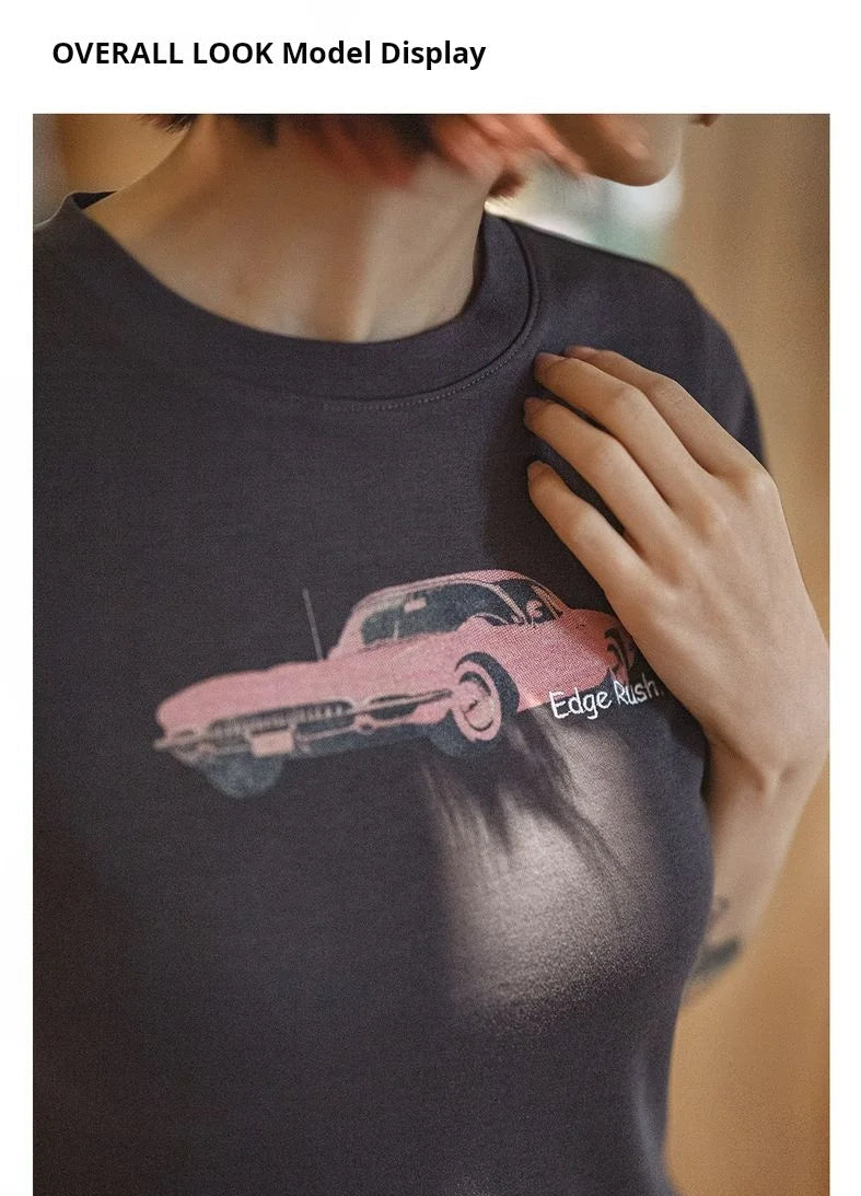 Women's Vintage Racing Print Crop Top - Y2K Style Short Sleeve Tee