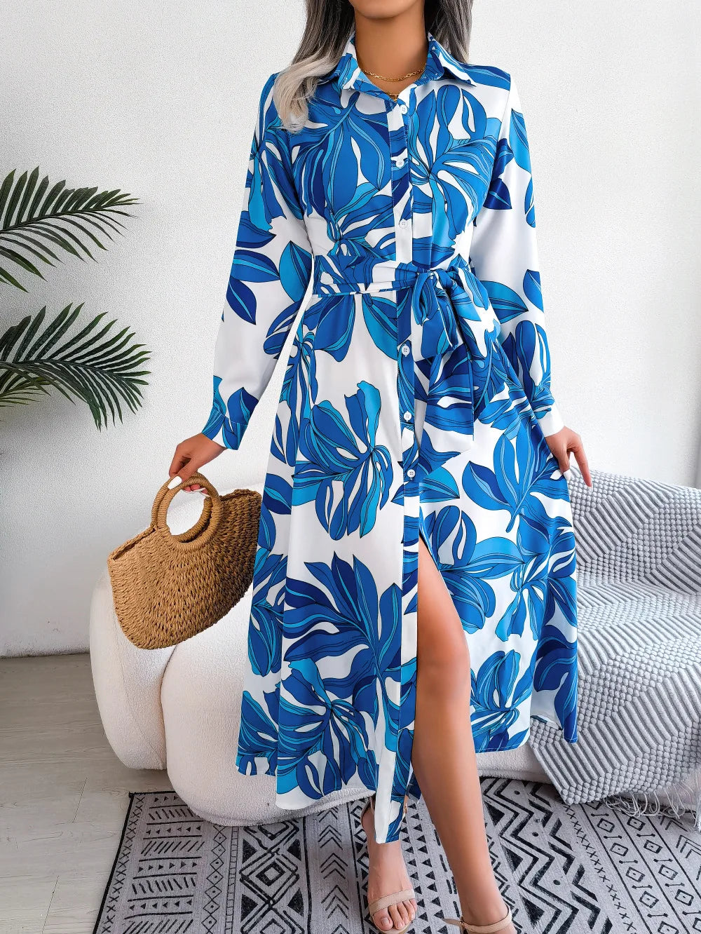 Women's Spring Summer Contrast Floral Polo Collar Lace Up Shirt Single Breasted Long Dress