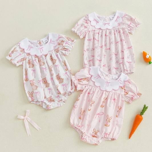 Easter Baby Girls Cute Romper - 3 Style Rabbit Bow Print Doll Collar Ruffle Short Sleeve Bodysuit (0-18M)