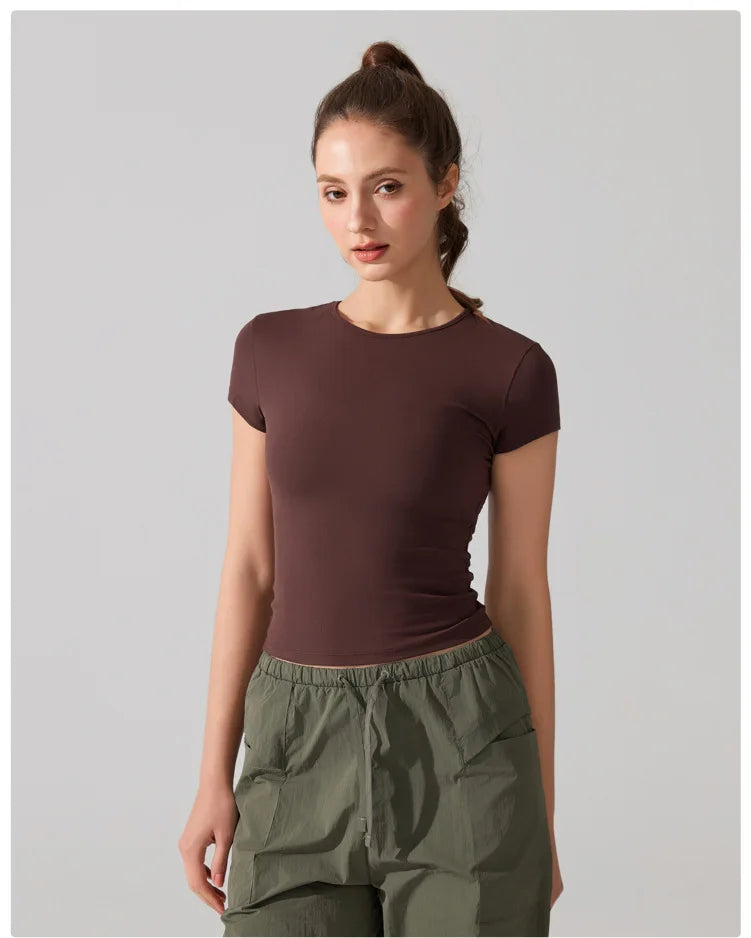 Women's Summer Short Sleeve Yoga T-Shirt Solid Color Slim Fit Gym Running Top Round Neckline Breathable Quick Dry Fitness Sportswear