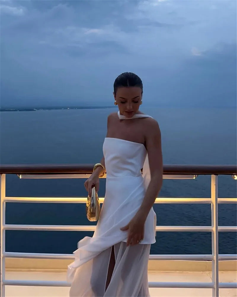 Women's Elegant Strapless Maxi Gown With Scarf Off-shoulder Sleeveless Backless Split Beach Long Dress