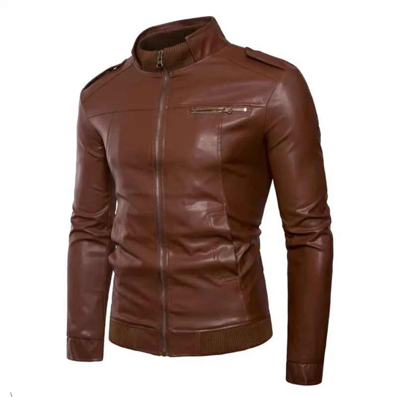 Men's PU Leather Slim Fit Stand Collar Jacket