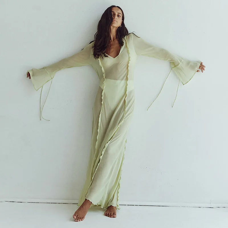 Women's Elegant Mesh Transparent Maxi Flare Sleeve Cover-Ups Loose Beach Dress
