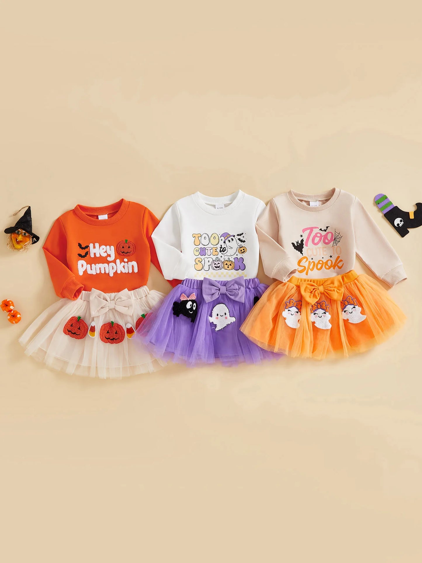 Baby Girl's Halloween Outfit Set - Cartoon Letter Sweatshirt & Ghost Tulle Skirt