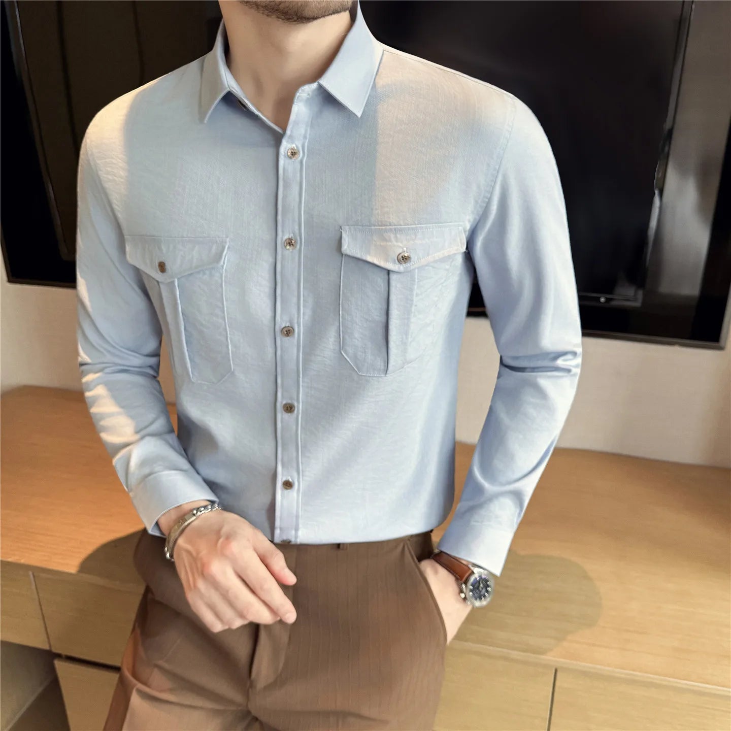 Men's Minimalist Slim Fit Shirt - Long Sleeve Solid Colour Smart Casual Pocket Blouse