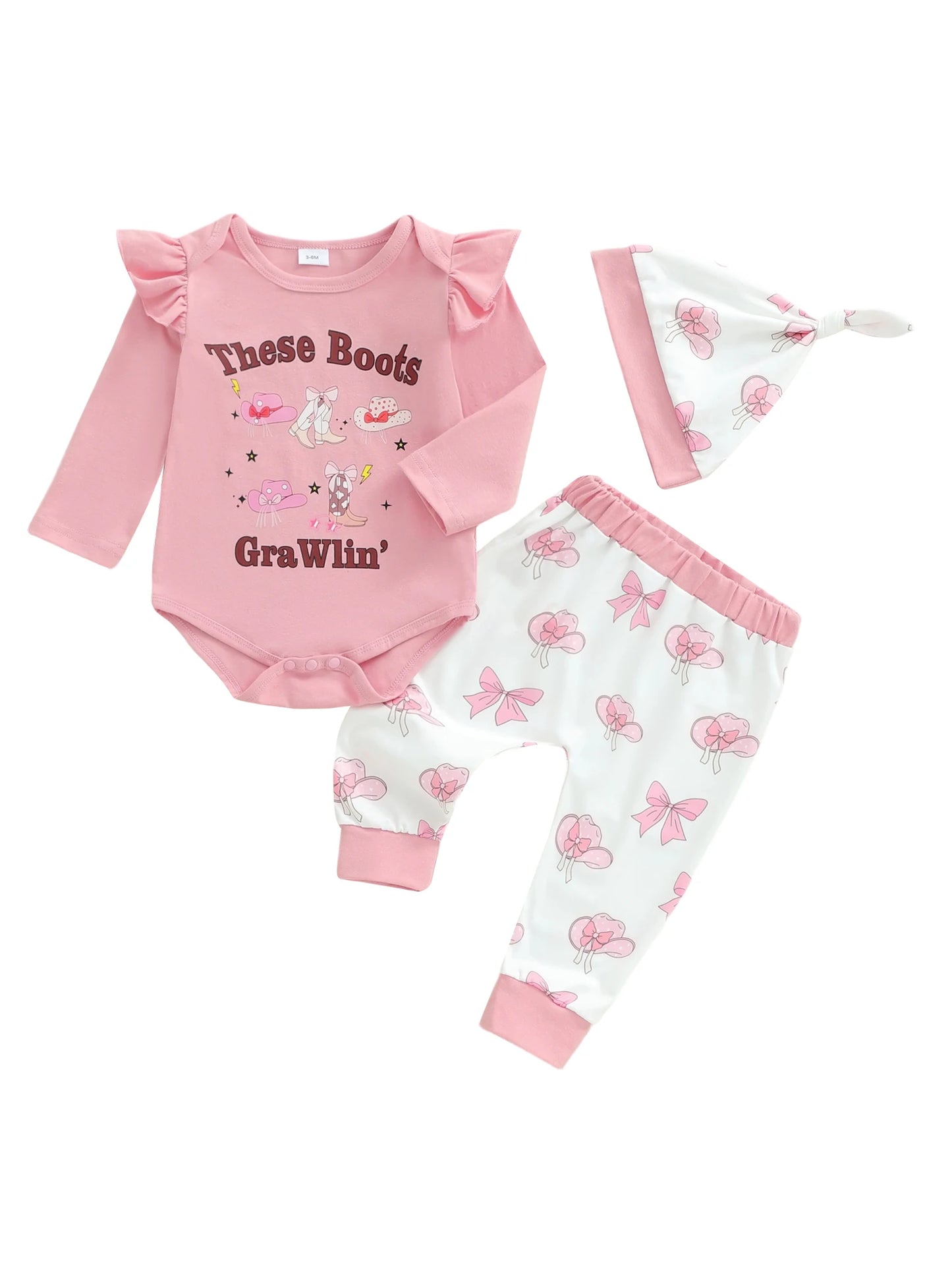 Baby Girls Western Fall Winter Clothes Set - Long Sleeve Boots Letters Print Romper with Bow Pants & Hat