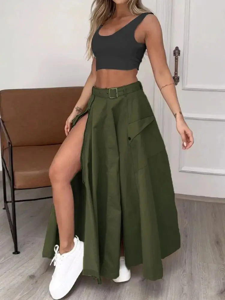 Women's Sleeveless Slit Two Piece Set - High Waist Long Skirt and Vest Bra