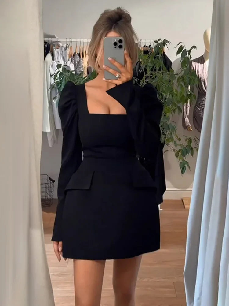 Women's Square Collar Long Sleeve Mini Ruched Elegant Bodycon Pockets Splice Dress