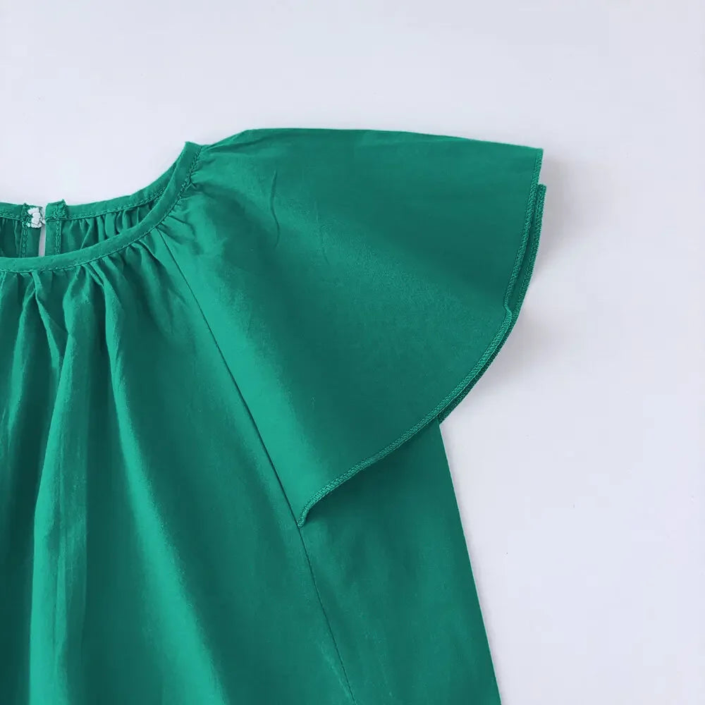 Girls Summer Outfit Set - Green Round Neck Top & Shorts
