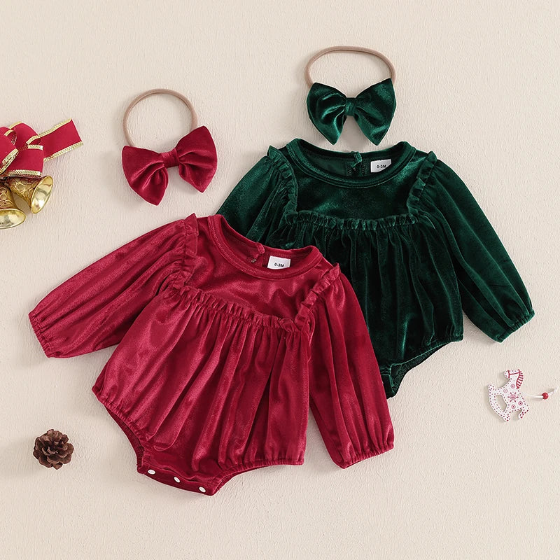 Baby Girl's Christmas Velvet Romper Set with Headband - Round Neck Long Sleeve