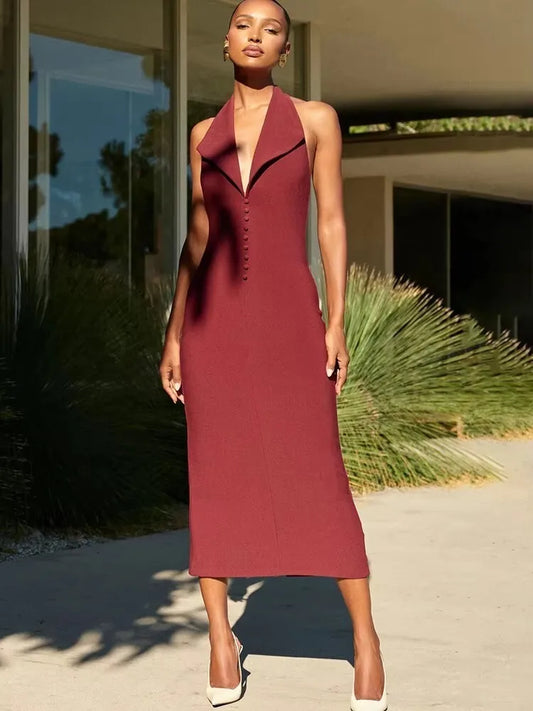 Women's Halter Deep V Neck Sleeveless Maxi Elegant Backless Bodycon Tank  Long Dress