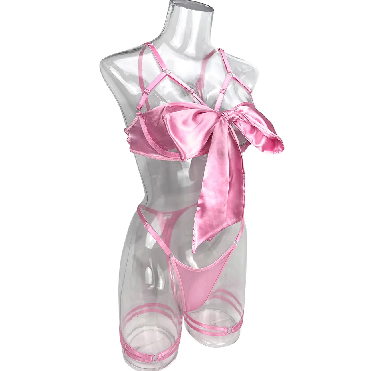 Women's Bowknot Lingerie Open Bra Lace Up Ensemble Lingerie Set