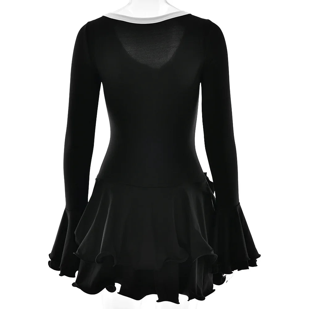 Women's Ruffled Mini Dress - Single-Breasted V-Neck with Flare Sleeves