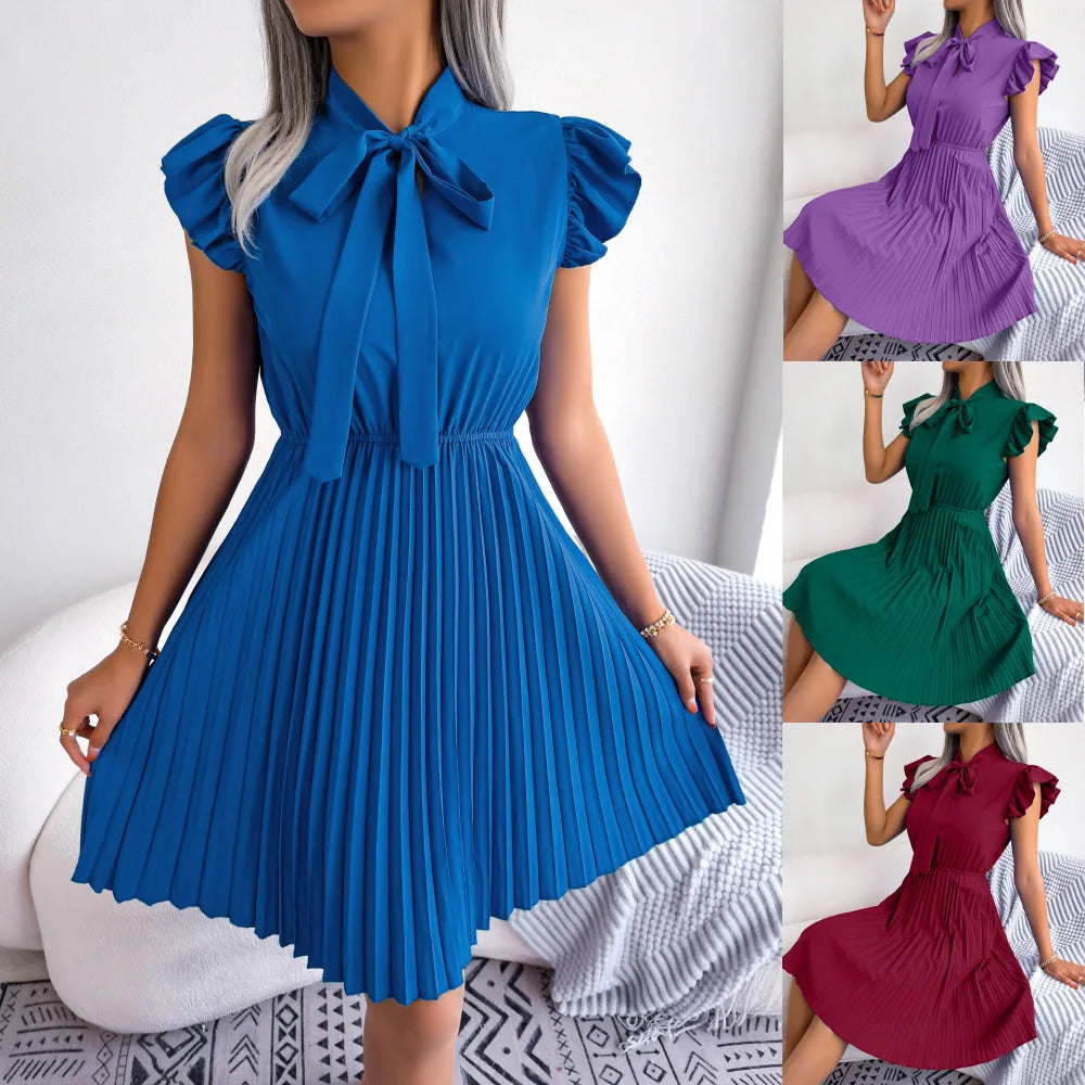 Women's Spring Summer Elegant Lace Up High Waist Large Fold Bow Collar Pleated Dress