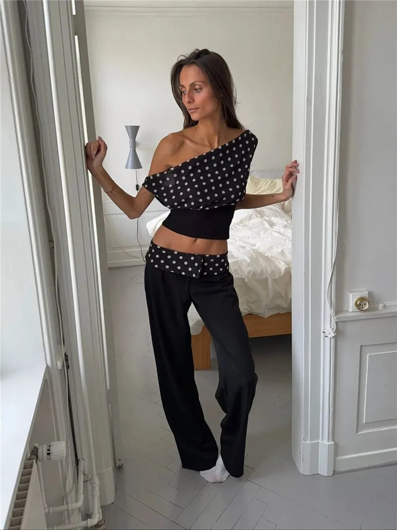 Women's Backless Polka Dot Crop Top Summer New Oblique Shoulder Sleeveless Tank Top