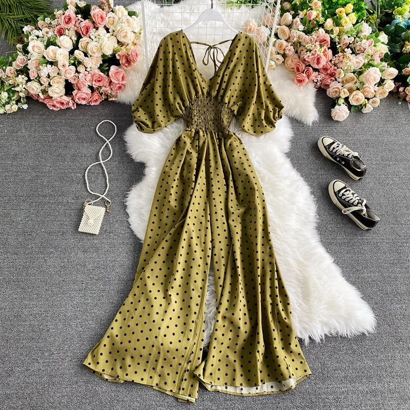 Women's V-Neck Floral Print Jumpsuit - Dolman Sleeves Wide Leg Trousers
