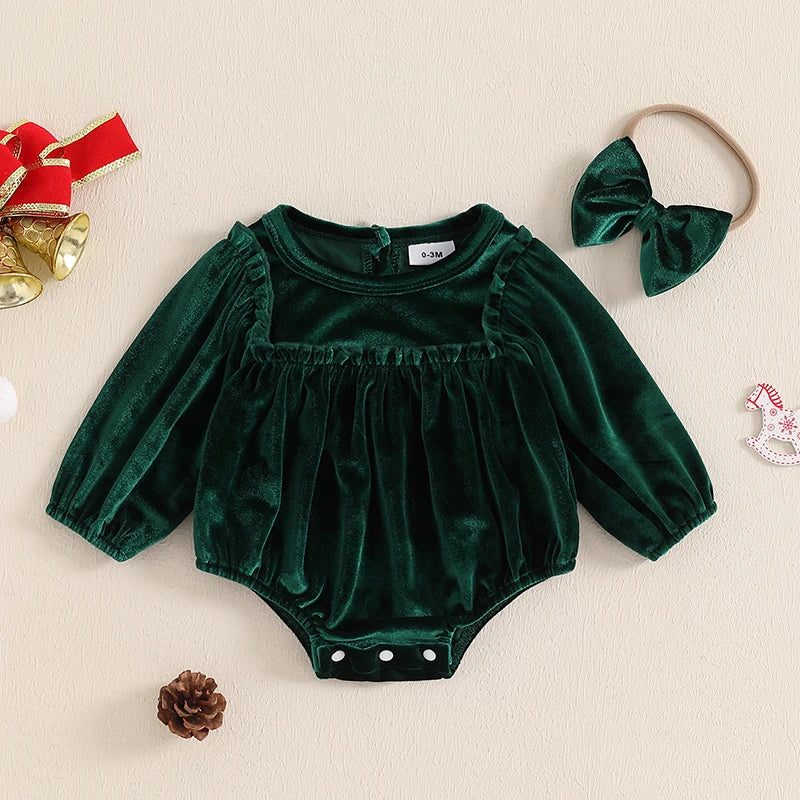 Baby Girl's Christmas Velvet Romper Set with Headband - Round Neck Long Sleeve