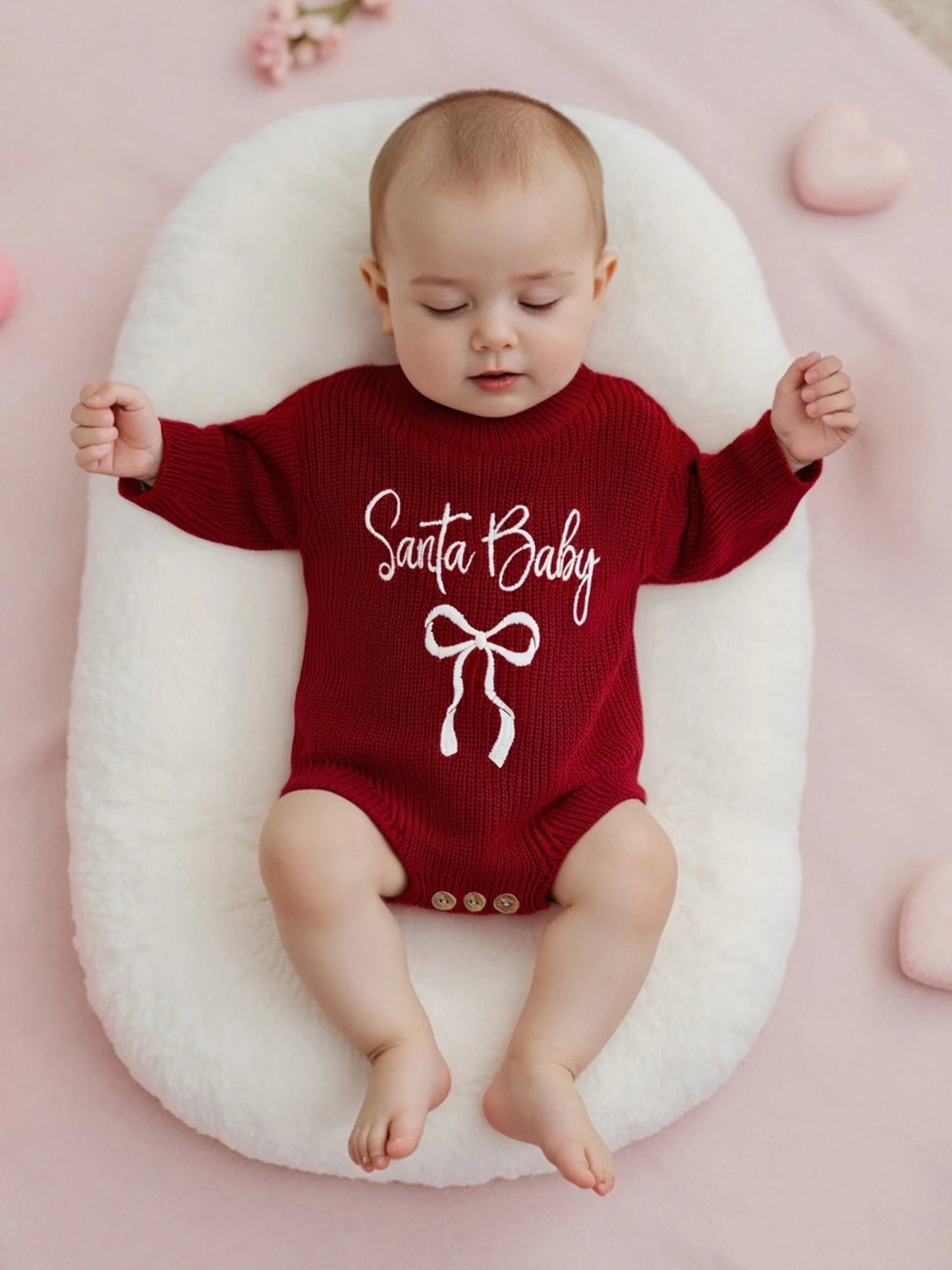 Baby Christmas Romper Sweater - Letter Bow Embroidery Ribbed Long Sleeve