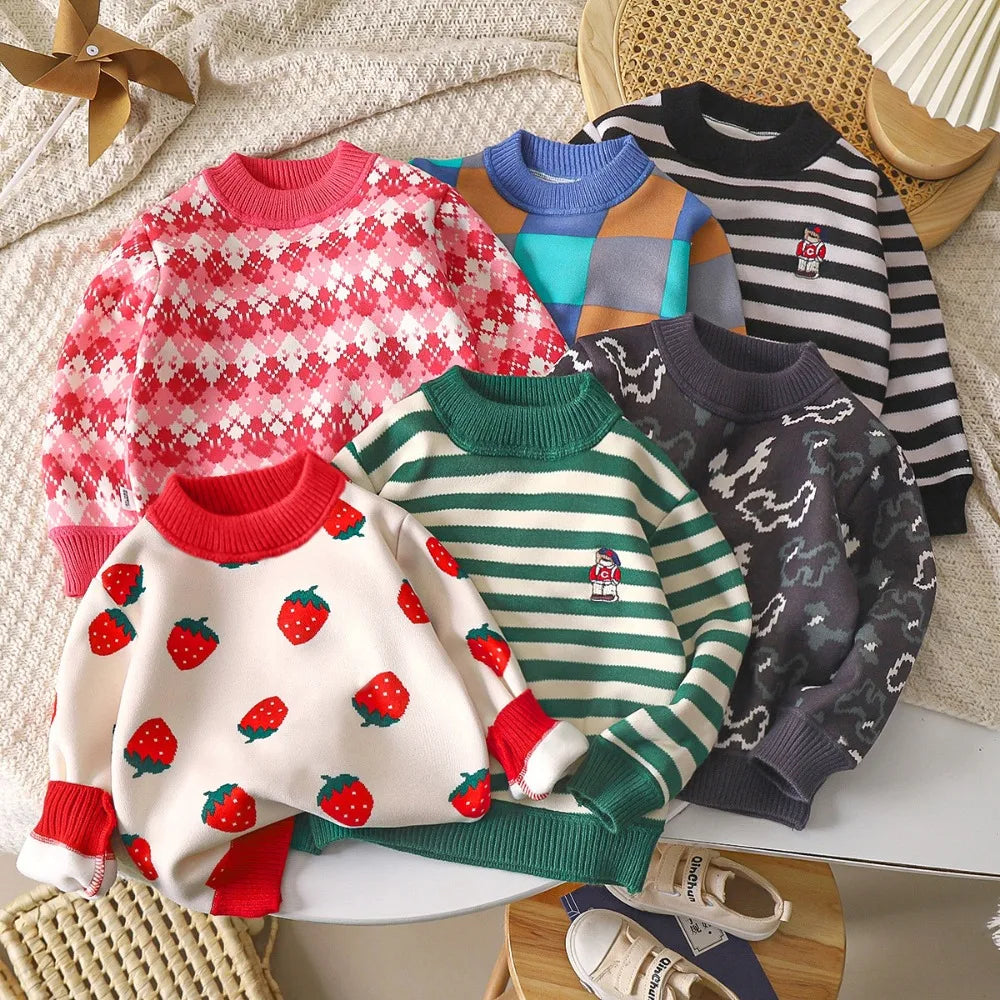 Girl's Cartoon Strawberry Printed Sweater Long Sleeved Round Neck Top 2-7 Yrs old
