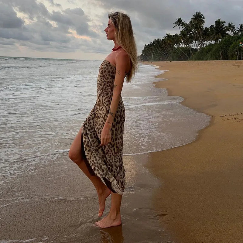 Women's Vintage Leopard Print Straps Long Slip Backless Dress