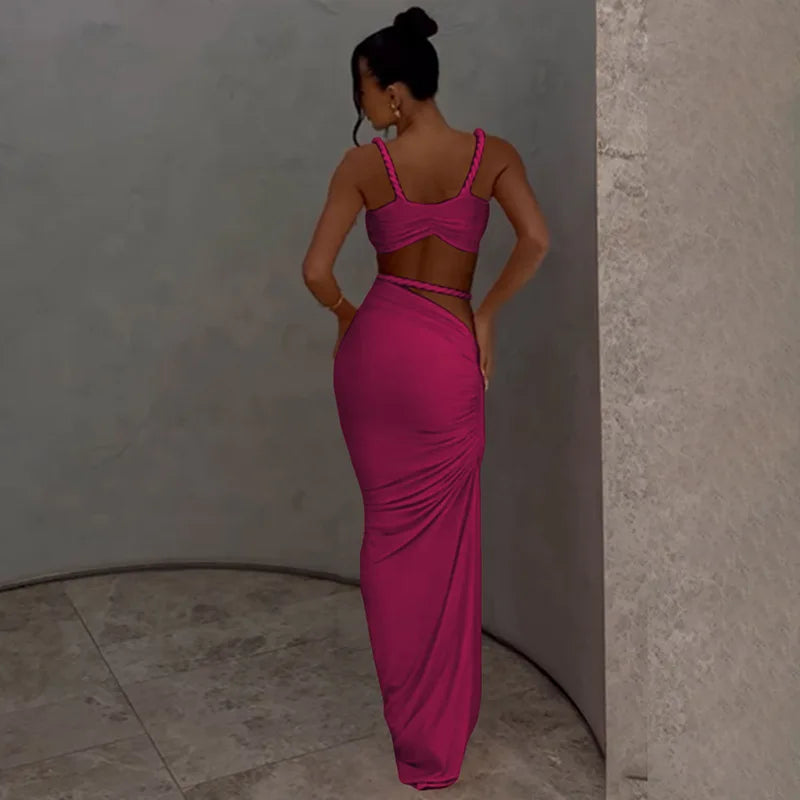 Women's Ruched Bandage 2 Piece Set Backless Decorative Cord Top and Skirt Dress Set
