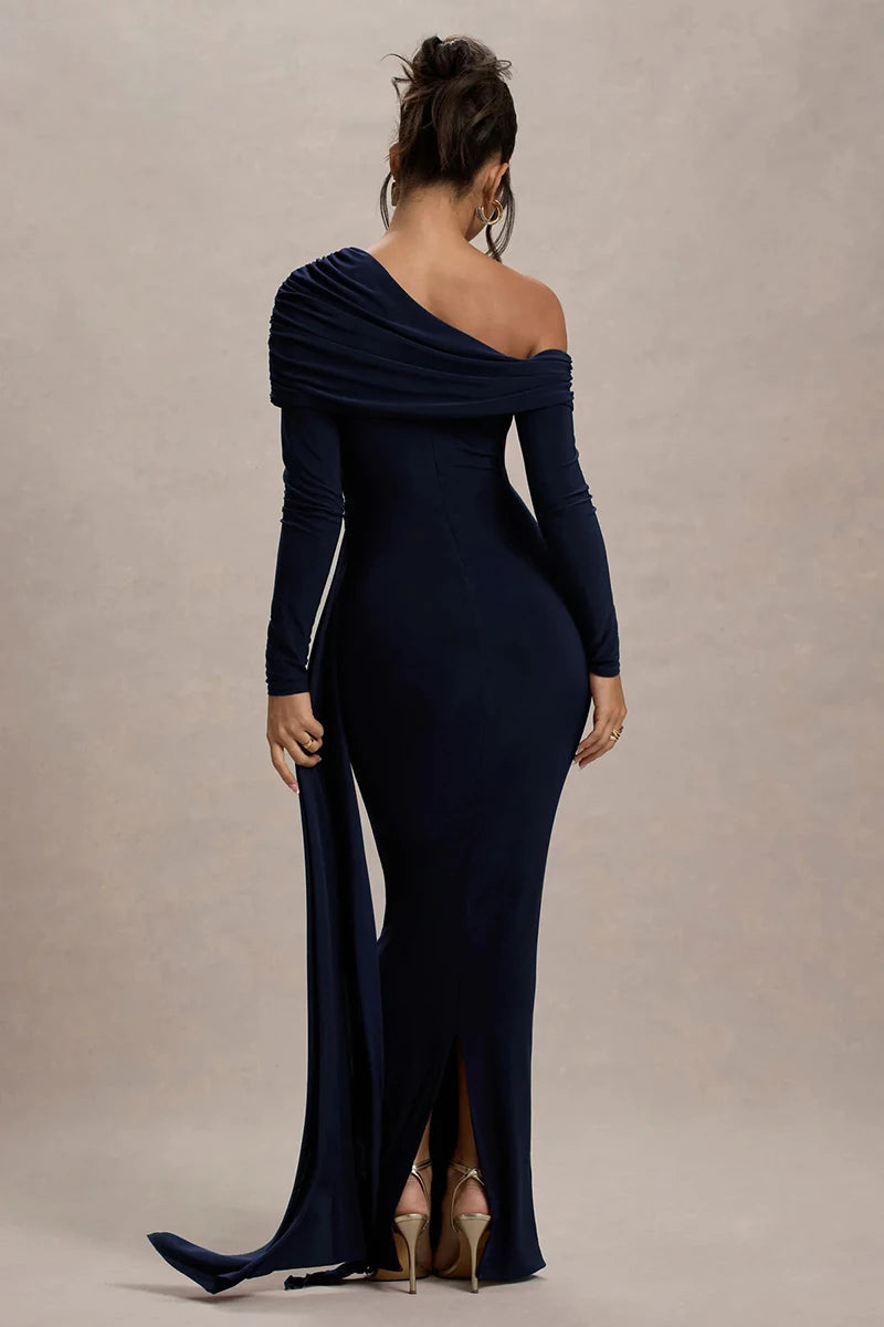 Women's Skew Collar Long Sleeve Maxi Backless Draped Ruched Bodycon Long Dress