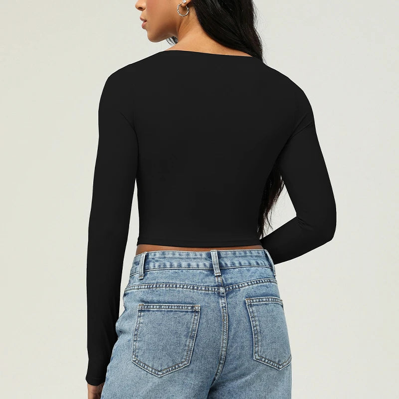 Women's Long Sleeve Yoga T-Shirt Square Neckline Gym Top Breathable Workout Running Crop Top Sportswear