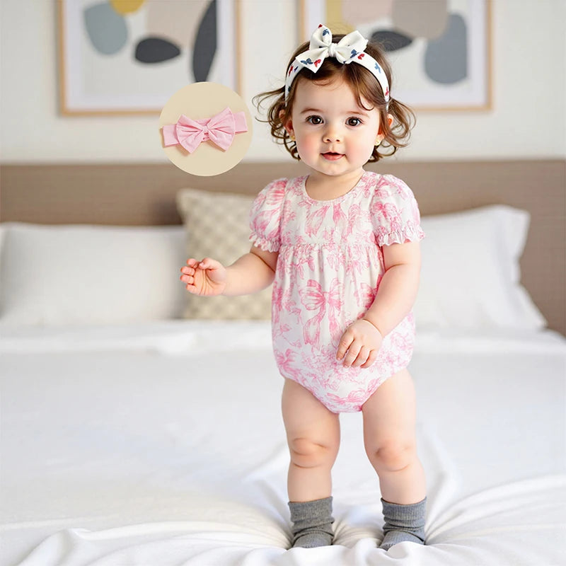 Baby Girls Bow Print Romper with Headband Set (0-18M)