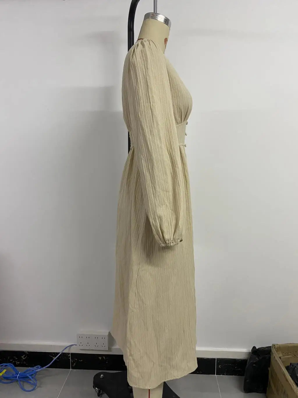 Women's Autumn Winter Long Sleeve Elegant V-neck Chiffon A-Line Knee Length High Waist Dress