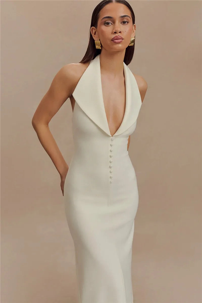 Women's Halter Deep V Neck Sleeveless Maxi Elegant Backless Bodycon Tank Long Dress