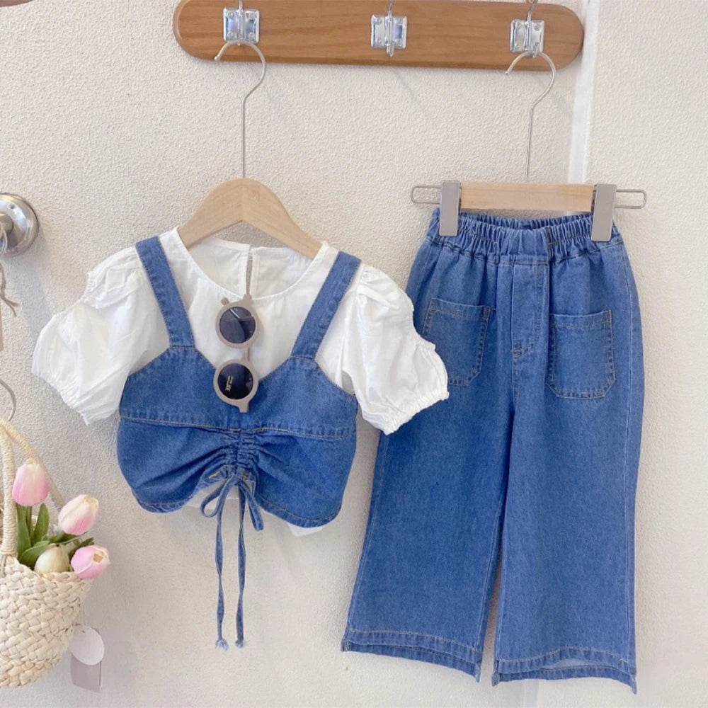 Girls' Set Summer Round Neck Short Sleeve Shirt with Denim Tank Top and Pants Three Piece  Set