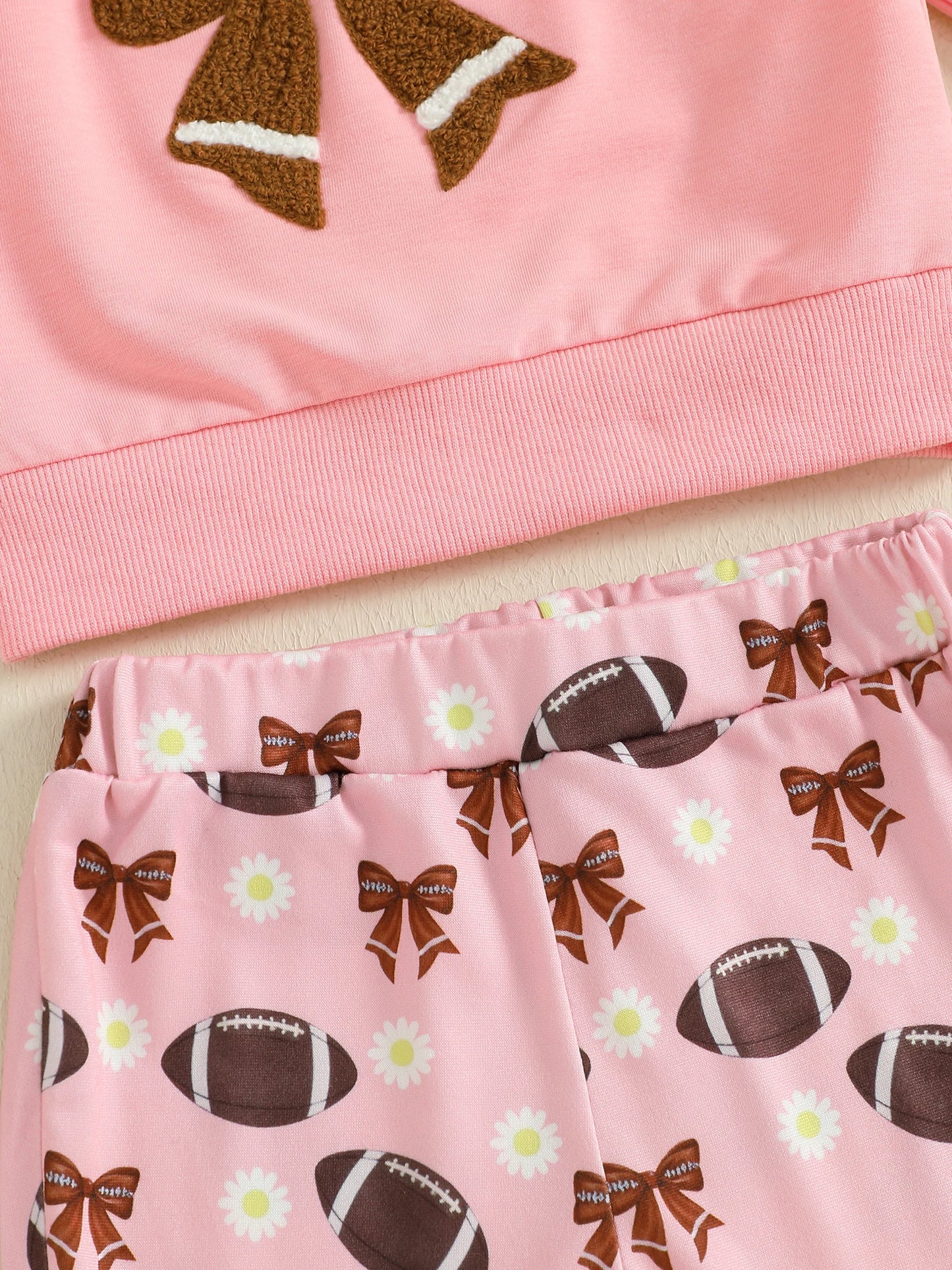 Girls Bow Embroidery Outfit Set - Long Sleeve Letter Pullover Sweatshirt & Football Flare Pants (0-4Y)