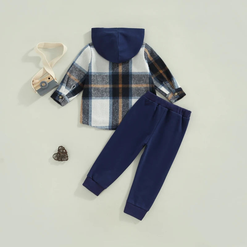 1-6Y Autumn Causal Kids Boys Clothes Sets 2pcs Plaid Printed Patchwork Hooded Long Sleeve Jacket and Trousers