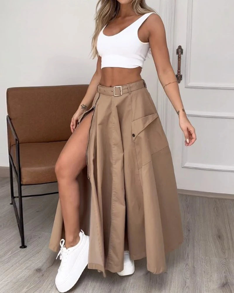 Women's Sleeveless Slit Two Piece Set - High Waist Long Skirt and Vest Bra