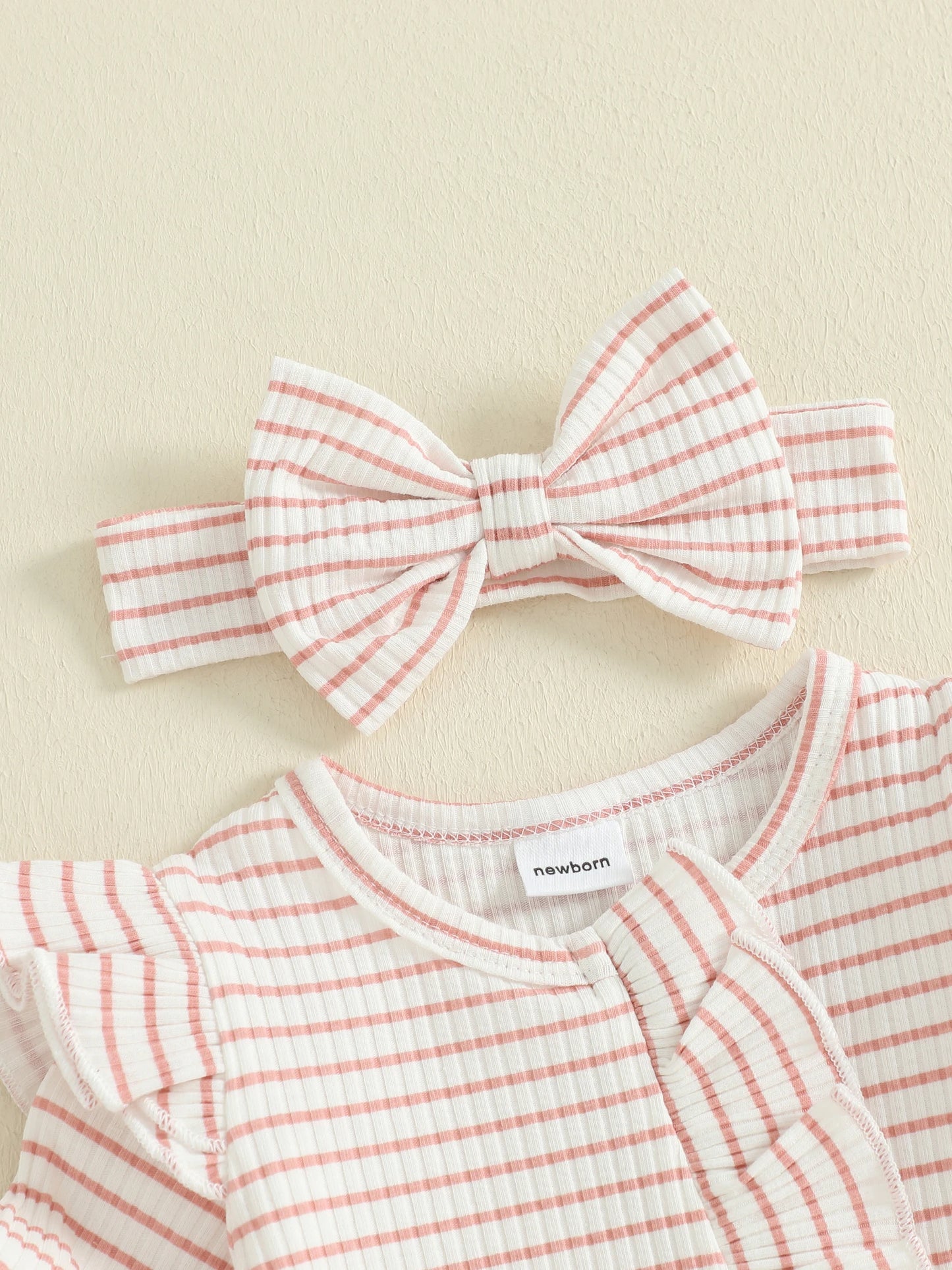 Newborn Baby 2-Piece Romper Outfit Set - Striped Jumpsuit with Headband