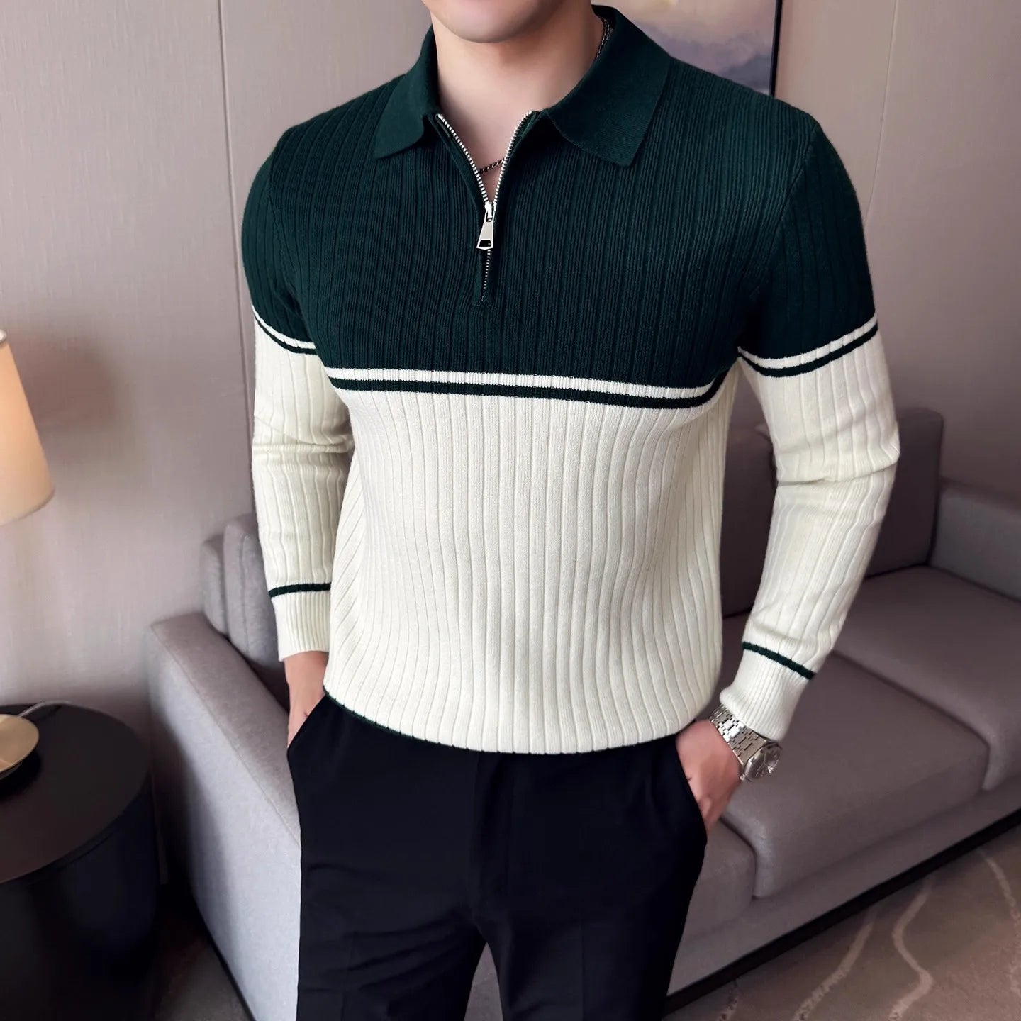 Men's Autumn Winter Polo Collar Sweater - Patchwork Knit Pullover