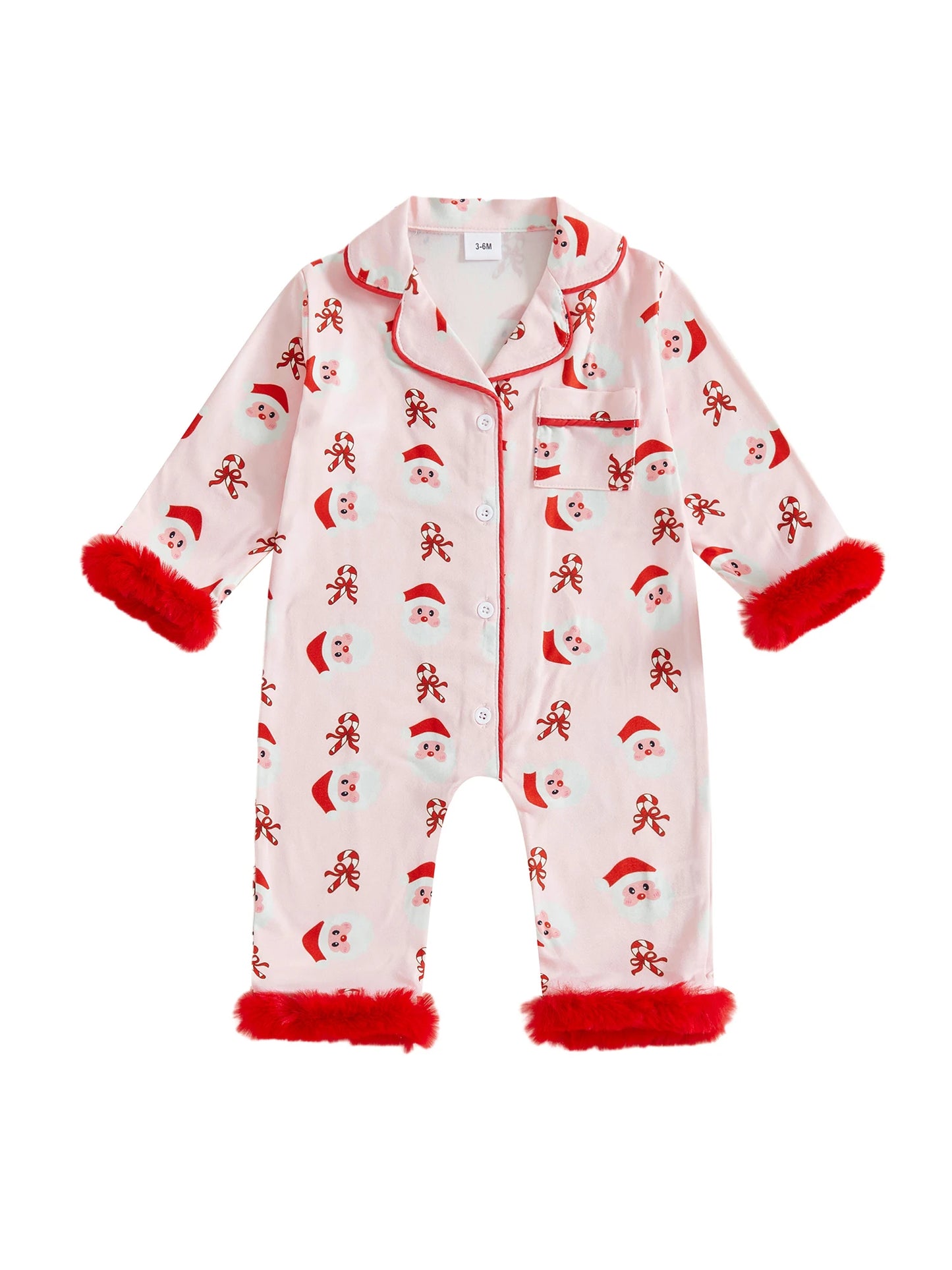 Lovely Baby Girls Christmas Pajama Jumpsuit - Santa Claus & Candy Cane Print (0-24M)