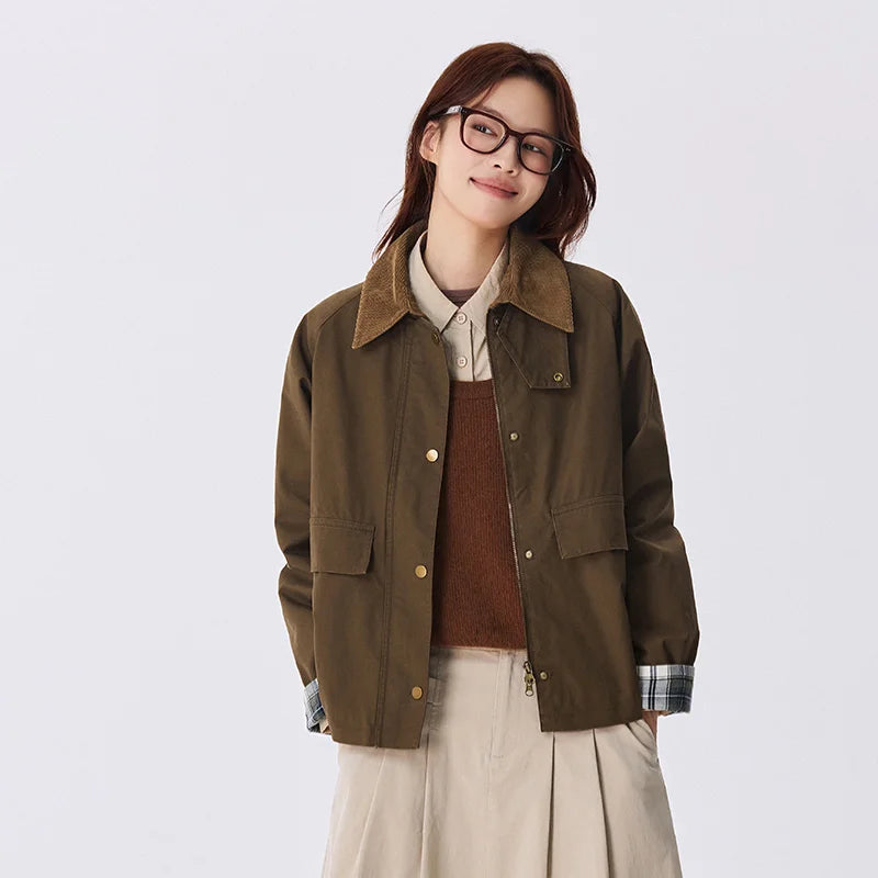Women's Raglan Sleeve Patchwork Jacket - Loose Fit Retro Chic Autumn Coat