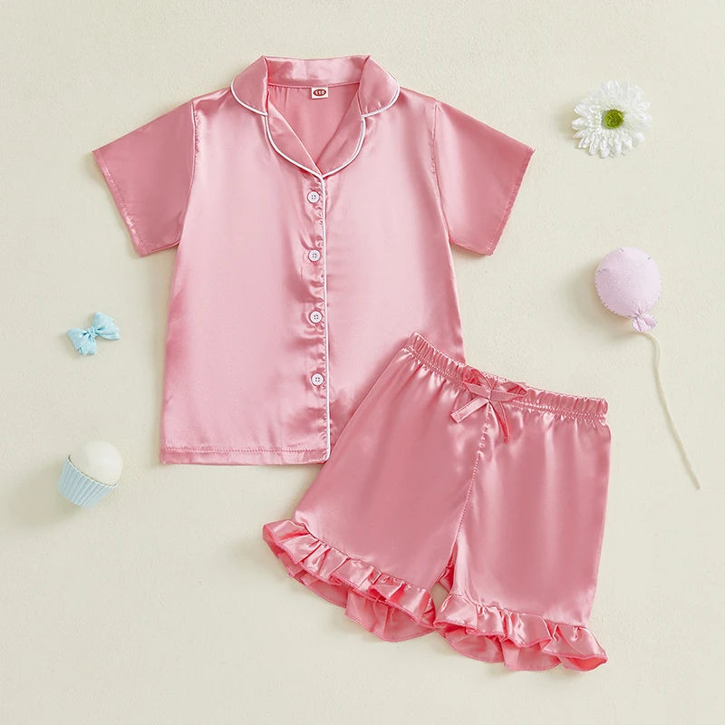 Baby Girls' Summer Pajamas Set - Button Down V-Neck Short Sleeve Top & Ruffled Shorts