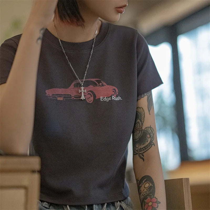 Women's Vintage Racing Print Crop Top - Y2K Style Short Sleeve Tee