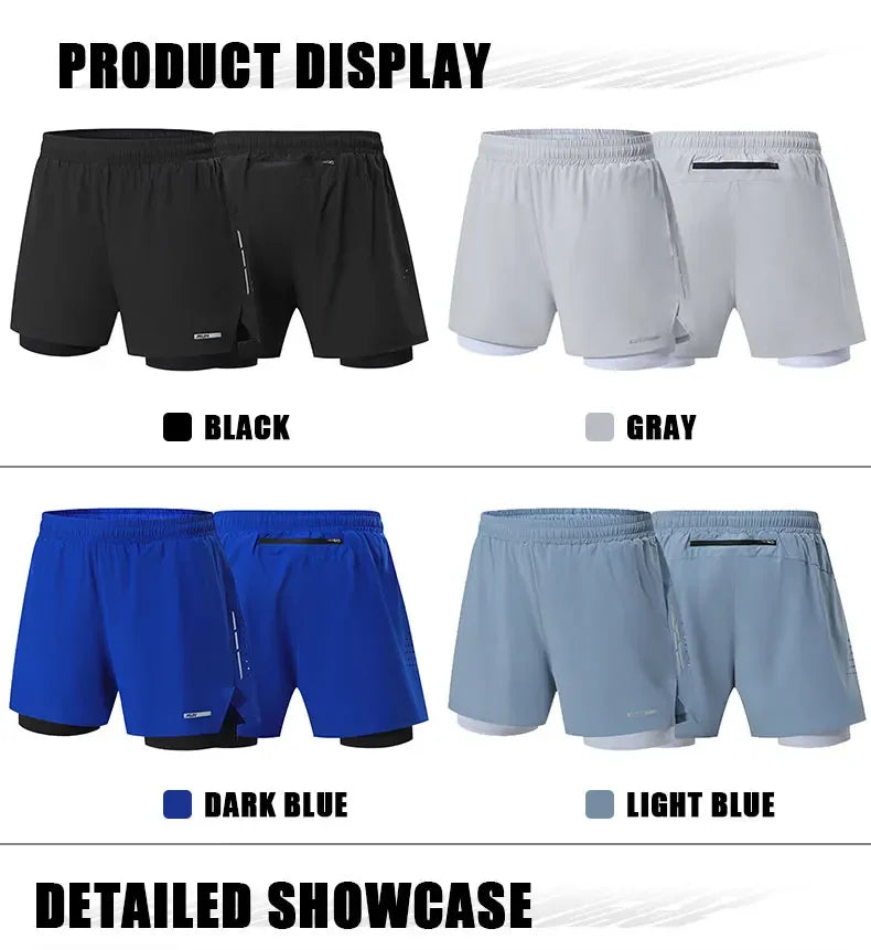 Men's Summer Swim Gym Sportswear 2 in 1 Compression Jogging Shorts Beach Casual Pants Double-deck Bottoms with Zipper Pockets