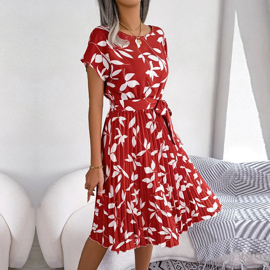 Women's  Floral Pleated A Line Long Spring Summer Short Sleeve High Waist Chic Dress