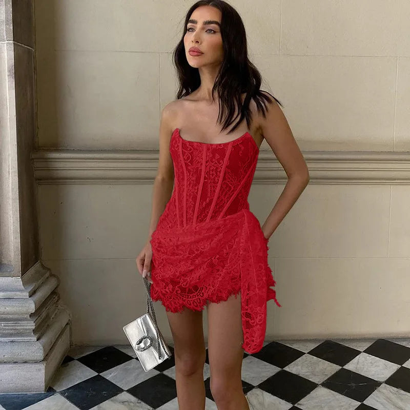 Women's Strapless Lace Trim Corset Mini Dress - A-Line Backless Wrap Dress
