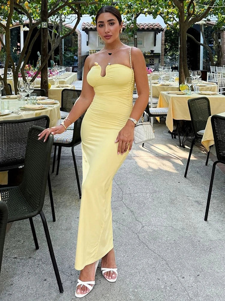 Women's U-neck Tube Top Pleated Bodycon Party Long Sleeveless Dress